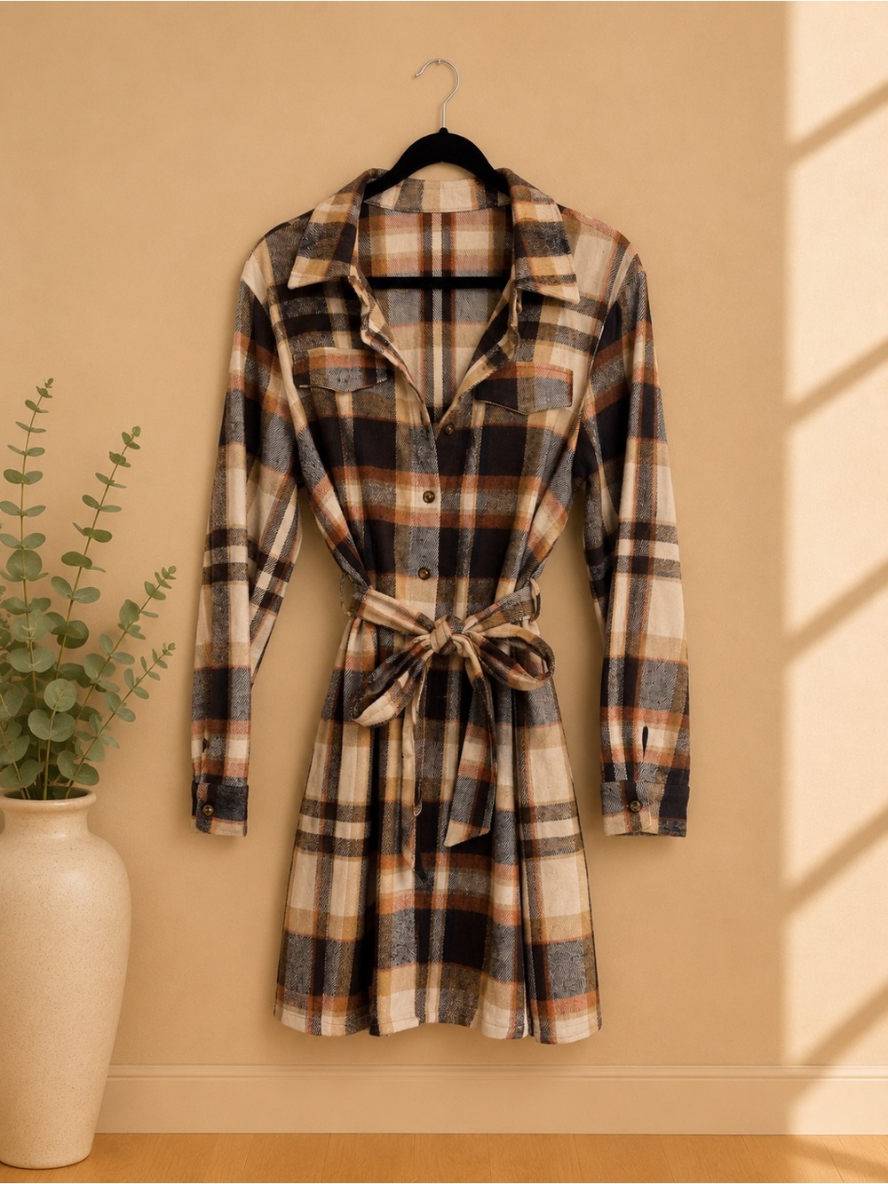 Plaid Shirt Dress with Tie Waist - Beige Black Rust